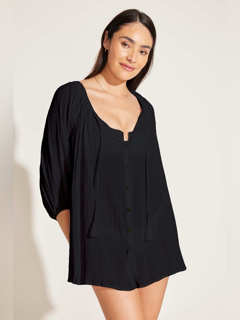 Vitamin A Costa Shirt Dress - Black Crinkle Organic Cotton